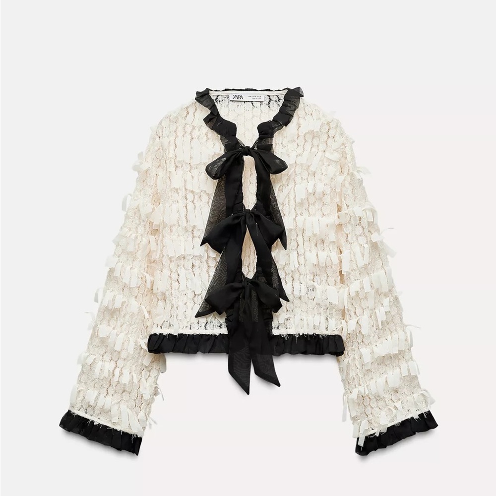 Zara Ecru Cream & Black Contrasting Fringe Cardigan Bows Top Size Medium